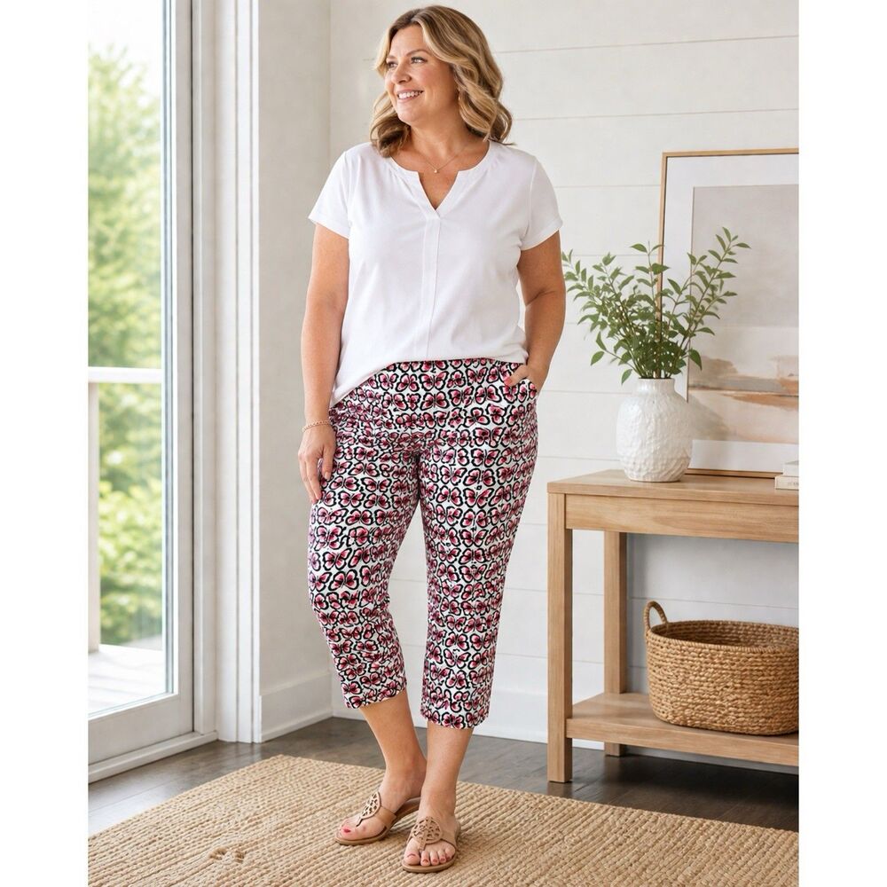 Talbots Size 16W Petite Butterfly Print Crop‎ Pants Pink Black White Stretch